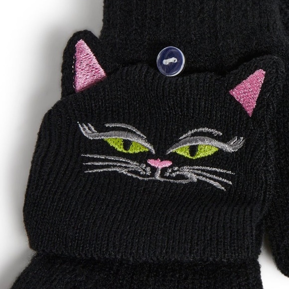 Women's Black Kitty Cat Fingerless & Mittens Gloves NWT - Picture 3 of 12